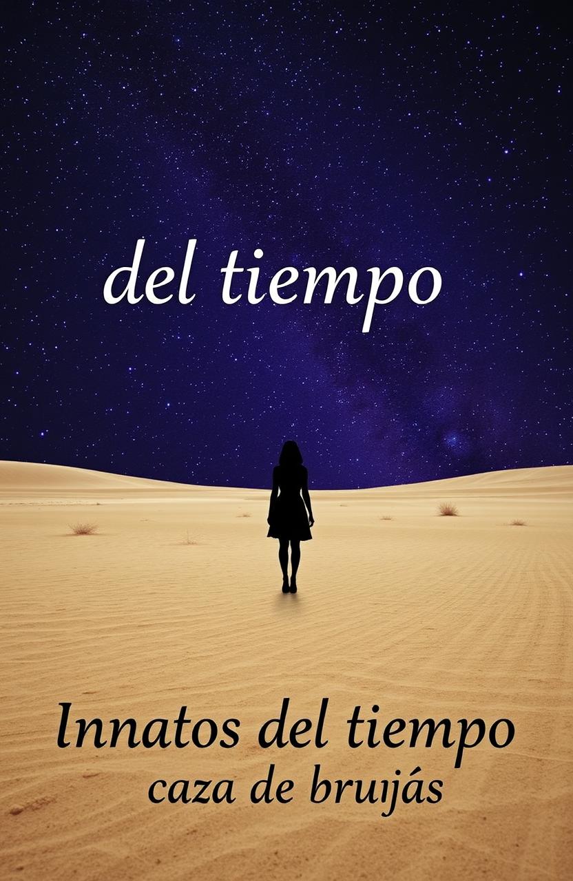 A simple, dry landscape set under a starry night sky, featuring the silhouette of a black female figure standing in the center