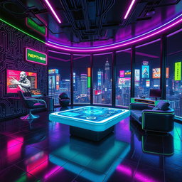 A futuristic cyberpunk-themed room filled with neon lights and high-tech gadgets