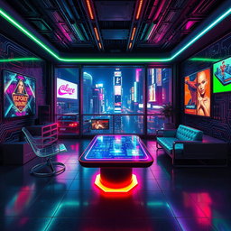 A futuristic cyberpunk-themed room filled with neon lights and high-tech gadgets