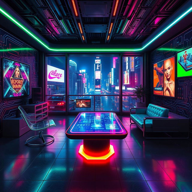 A futuristic cyberpunk-themed room filled with neon lights and high-tech gadgets