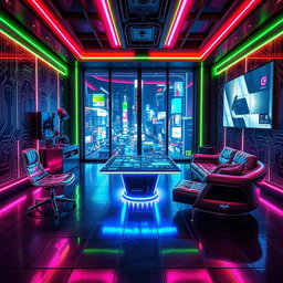 A futuristic cyberpunk-themed room filled with neon lights and high-tech gadgets