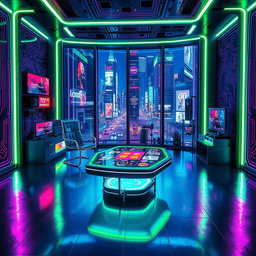 A futuristic cyberpunk-themed room filled with neon lights and high-tech gadgets