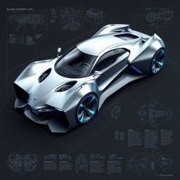 A detailed blueprint of a futuristic supercar, showcasing innovative and sleek design elements, featuring an aerodynamic body shape, advanced material structures, and a cutting-edge propulsion system