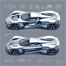 A detailed blueprint of a futuristic supercar, showcasing innovative and sleek design elements, featuring an aerodynamic body shape, advanced material structures, and a cutting-edge propulsion system