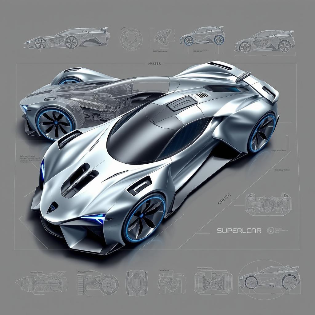 A detailed blueprint of a futuristic supercar, showcasing innovative and sleek design elements, featuring an aerodynamic body shape, advanced material structures, and a cutting-edge propulsion system
