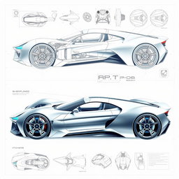 A detailed blueprint of a futuristic supercar, showcasing innovative and sleek design elements, featuring an aerodynamic body shape, advanced material structures, and a cutting-edge propulsion system