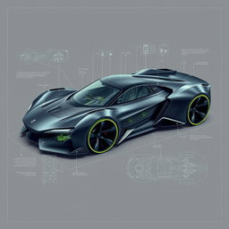 A comprehensive blueprint of a futuristic supercar concept, highlighting its innovative design features such as a streamlined, aerodynamic body and advanced mechanical systems