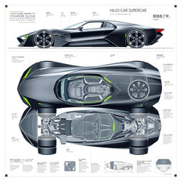 A comprehensive blueprint of a futuristic supercar concept, highlighting its innovative design features such as a streamlined, aerodynamic body and advanced mechanical systems