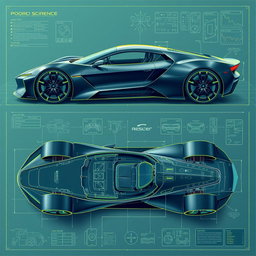 A comprehensive blueprint of a futuristic supercar concept, highlighting its innovative design features such as a streamlined, aerodynamic body and advanced mechanical systems