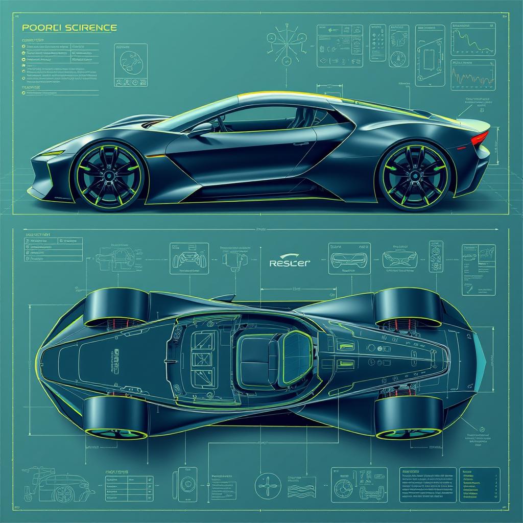 A comprehensive blueprint of a futuristic supercar concept, highlighting its innovative design features such as a streamlined, aerodynamic body and advanced mechanical systems