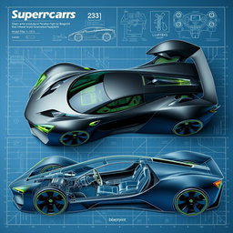 A comprehensive blueprint of a futuristic supercar concept, highlighting its innovative design features such as a streamlined, aerodynamic body and advanced mechanical systems