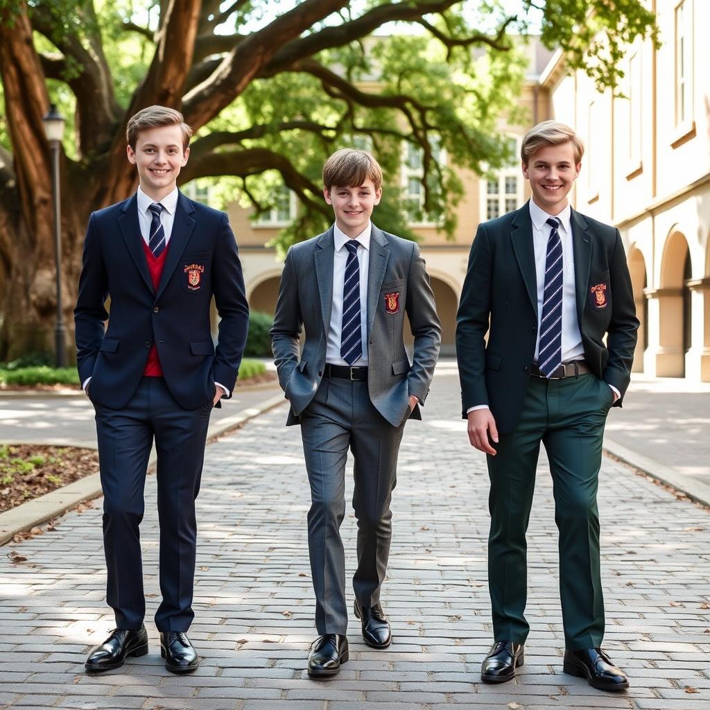 A fashionable display of boys' school uniforms featuring traditional designs
