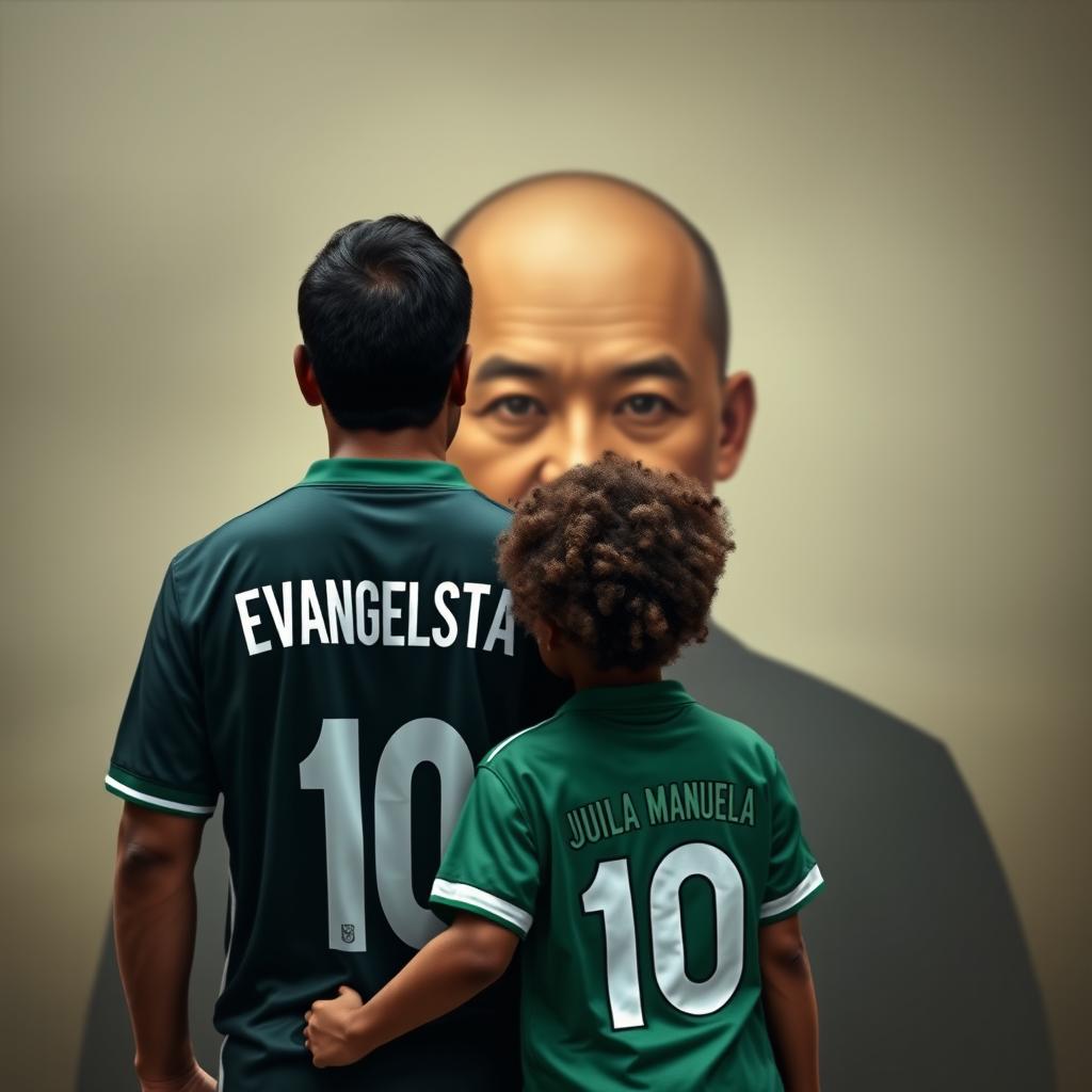 A realistic portrayal of a father and his 6-year-old daughter standing in front of a Chinese man with a bald head