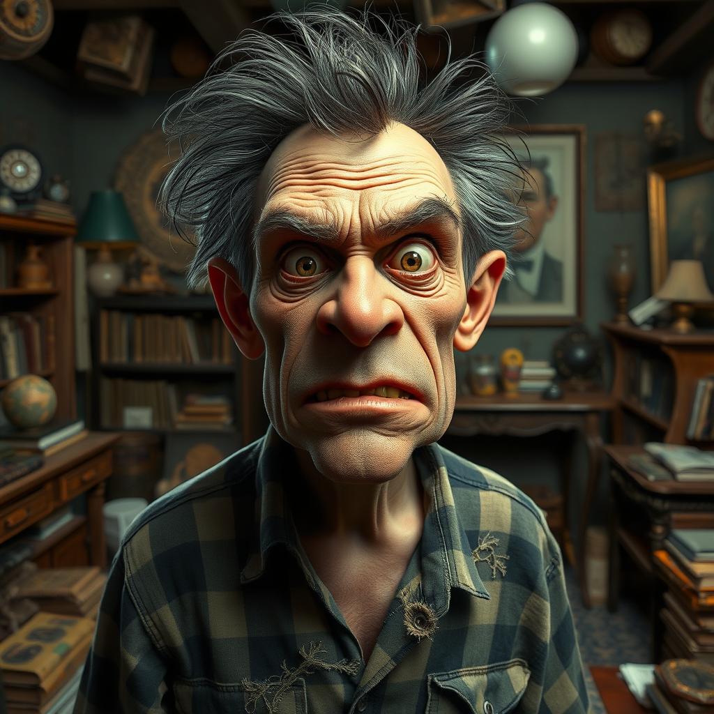 A male character with exaggerated ugly features such as a crooked nose, uneven teeth, and wild, unkempt hair