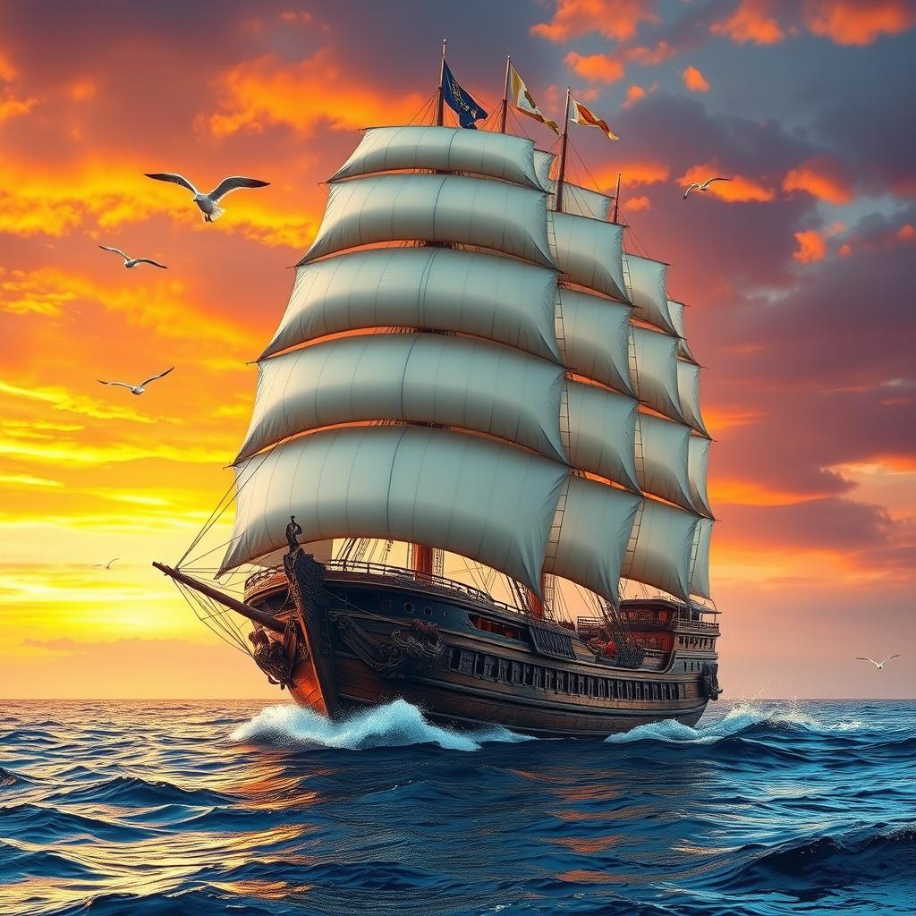 A grand sailing ship navigating through the open sea, its large sails fully unfurled catching the wind