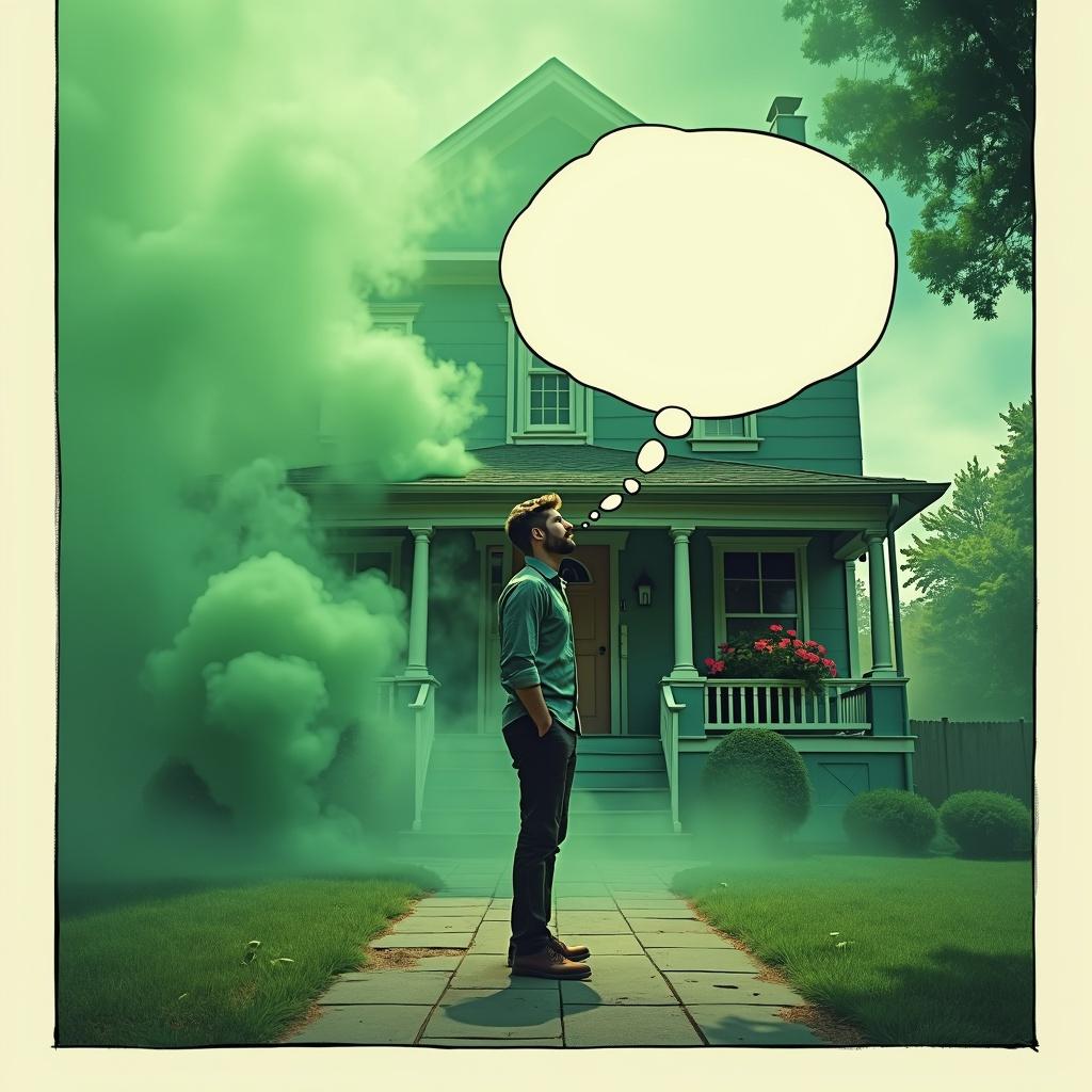 A man standing confidently in front of his house, surrounded by ethereal green fog, taking a deep inhale