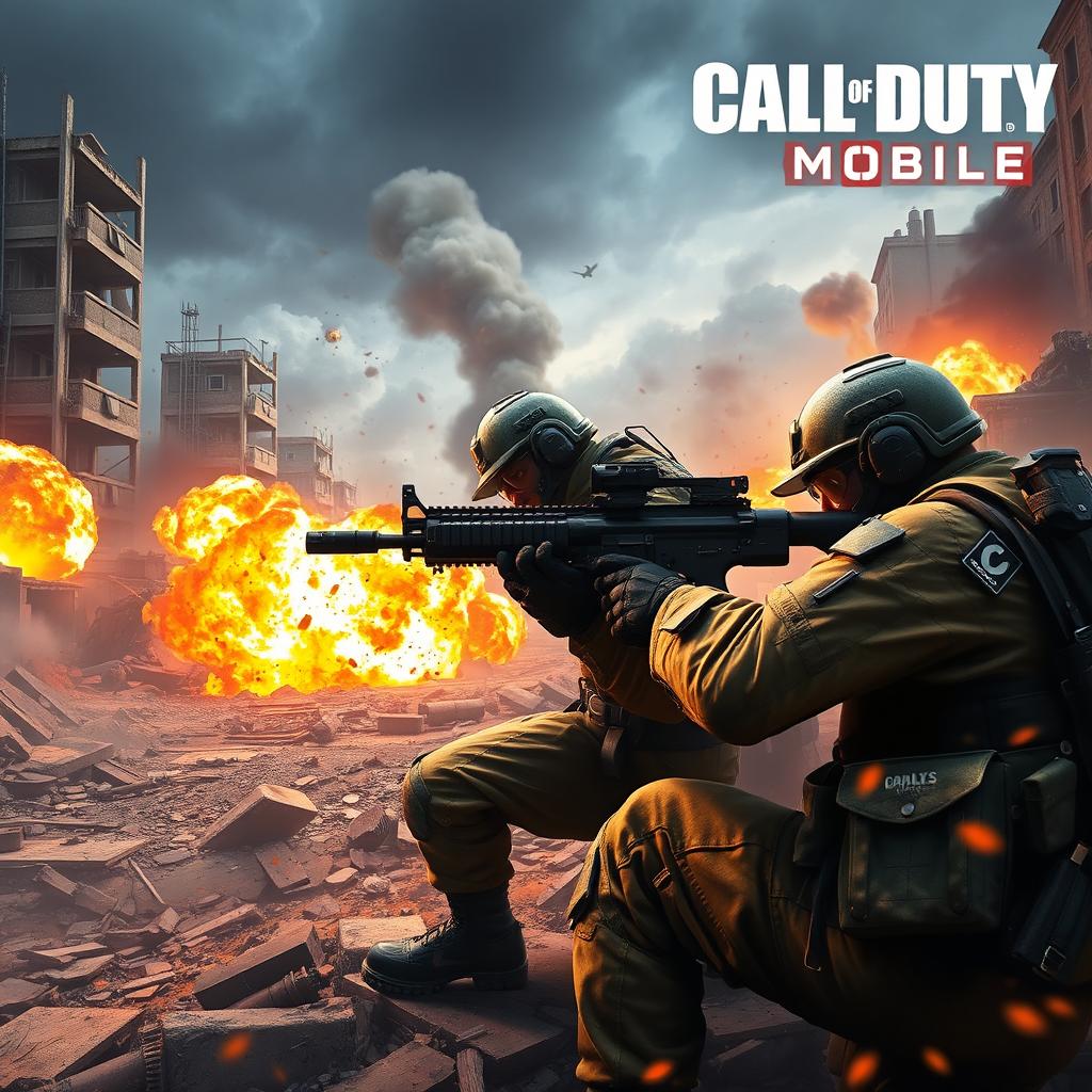 A highly detailed and dynamic scene from Call of Duty Mobile, showcasing an intense battlefield with soldiers in action