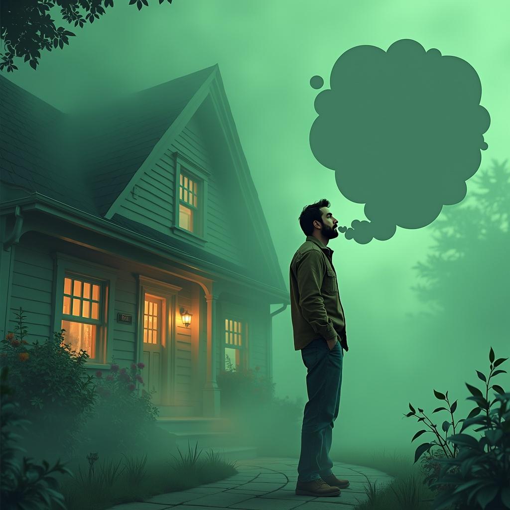 A man standing in front of his house, surrounded by a mysterious green fog