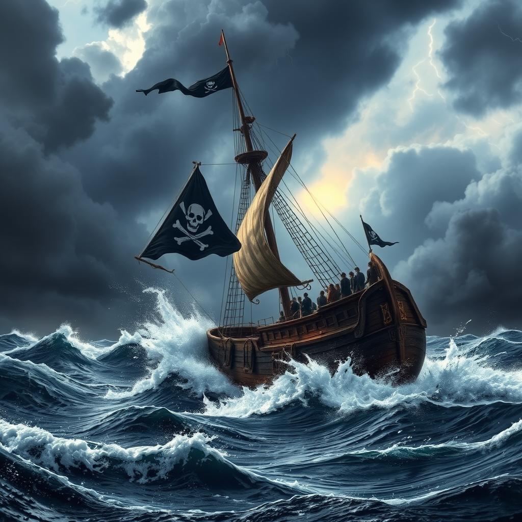 A dramatic scene of a pirate ship navigating through a stormy ocean, with waves crashing violently against the hull