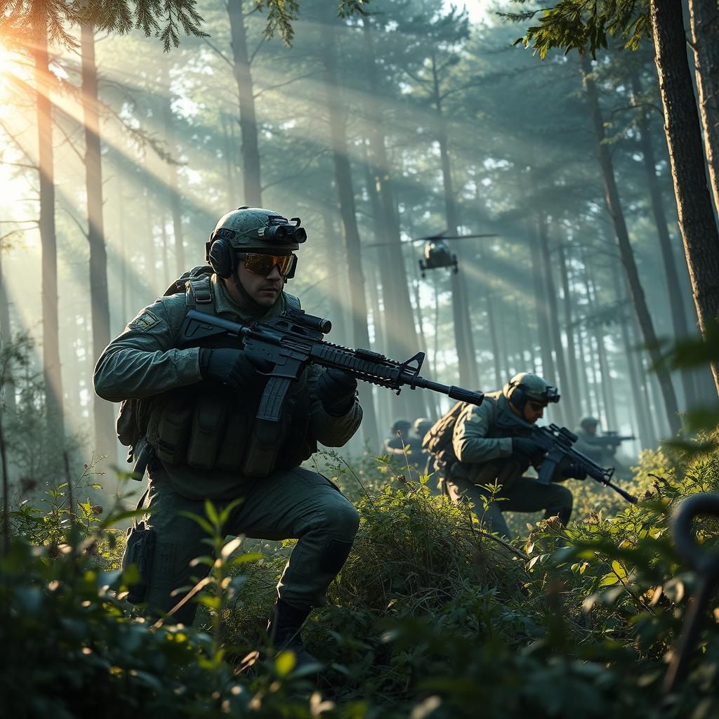 An action-packed scene inspired by Call of Duty, depicting elite soldiers engaged in a tactical operation in a dense forest setting