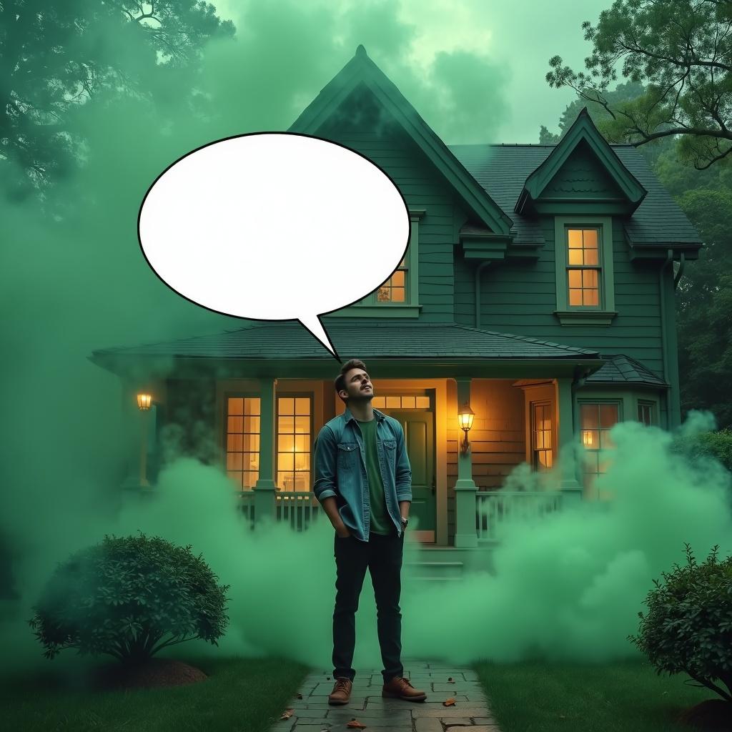 A man standing in front of his house, enveloped in a mystical green fog