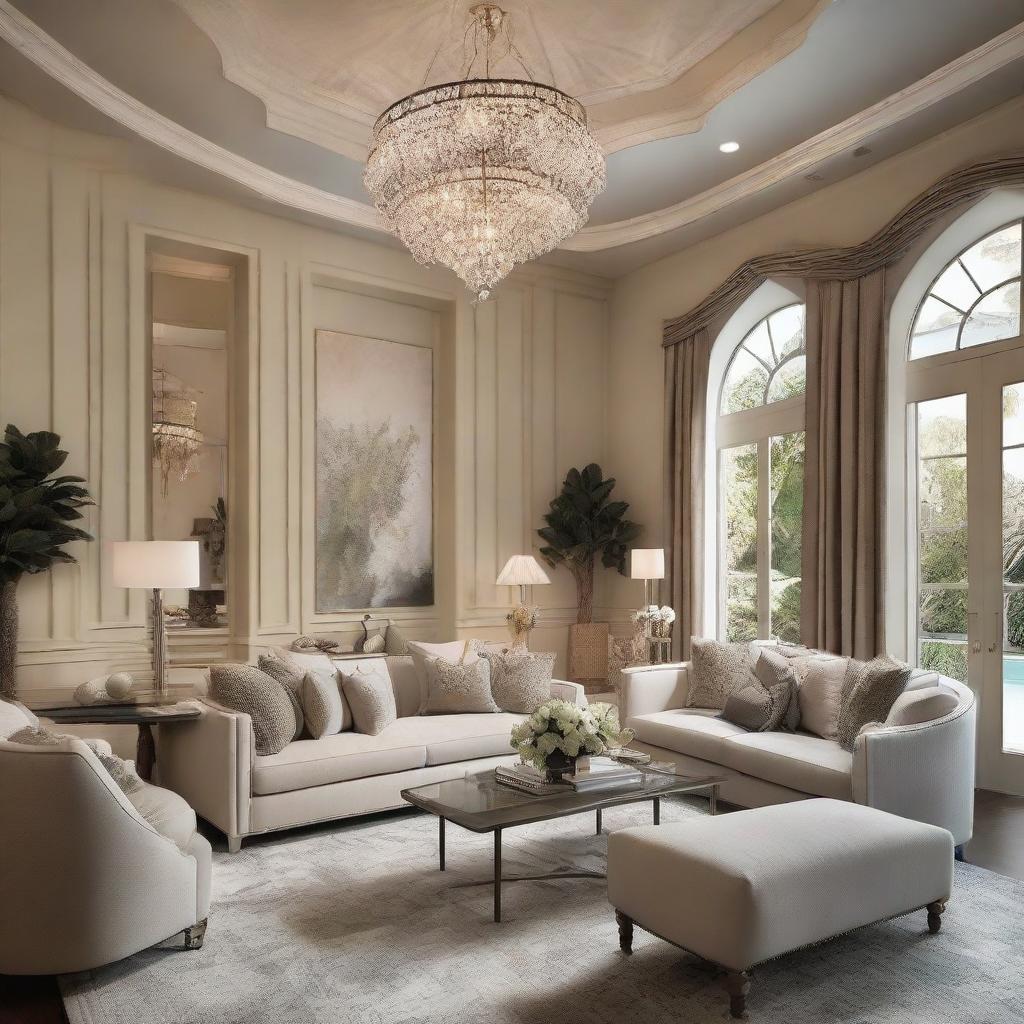 An elegant and sophisticated living room inside a stunningly beautiful home, filled with tasteful decor, plush furnishings, ambient lighting, and a feeling of comfort and luxury.