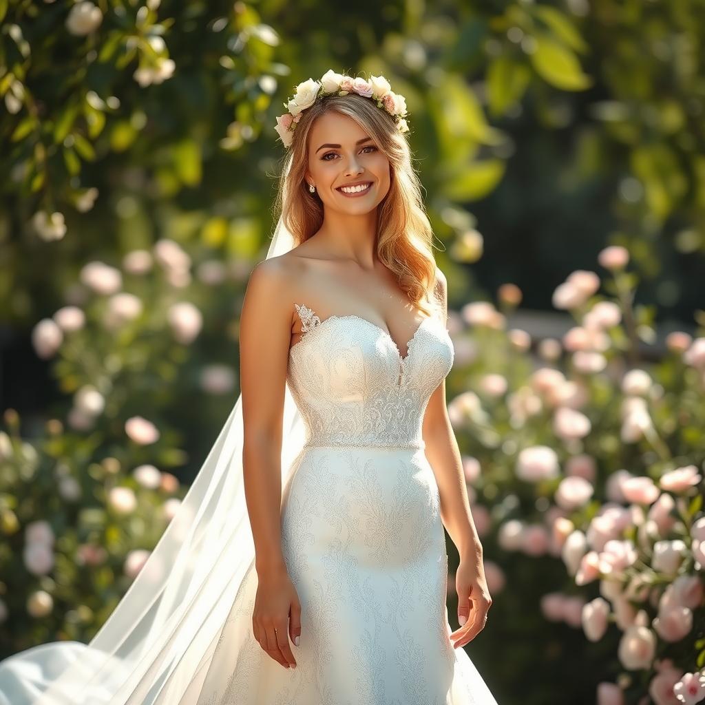 A beautiful bride in an elegant wedding dress, featuring intricate lace details and a flowing train, standing in a sunlit garden filled with blooming flowers