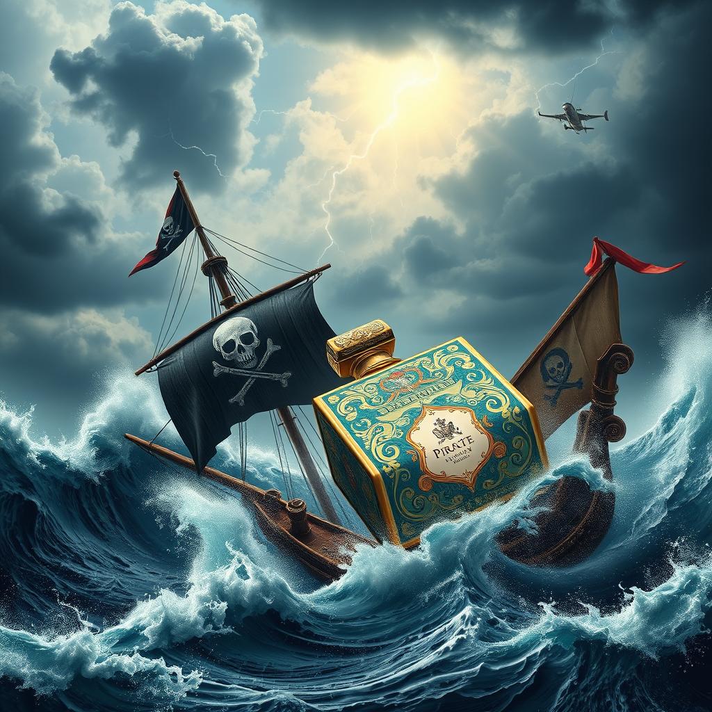 A dynamic scene featuring a majestic pirate ship battling through a stormy ocean, with dark, towering waves crashing around it