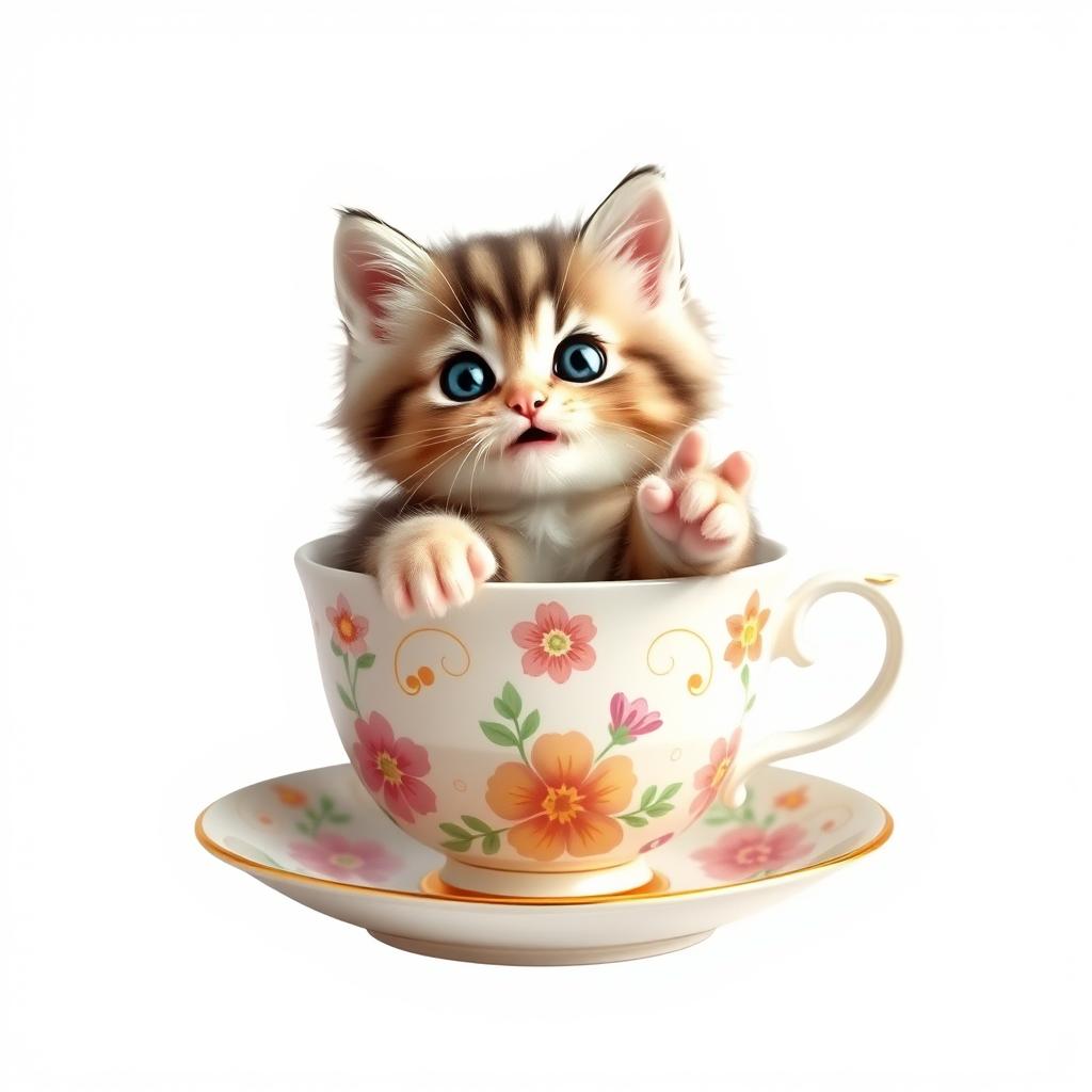 A cute kitten sitting happily inside a delicate teacup, with its paws resting on the rim and looking playfully outwards