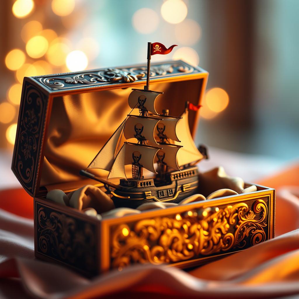 A whimsical scene featuring a pirate ship scaled down to fit inside a luxurious perfume box