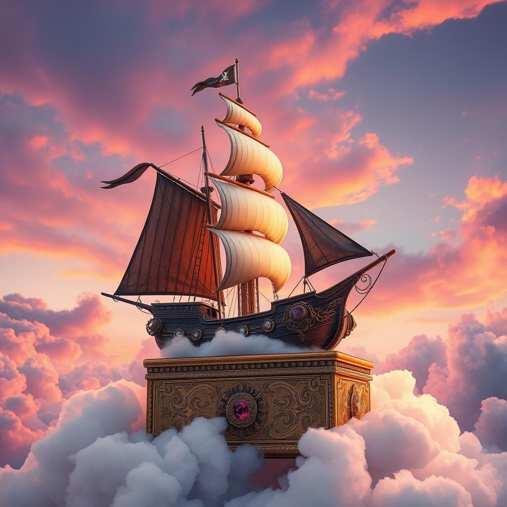 A beautifully detailed pirate ship sailing through clouds filled with vibrant colors, positioned underneath an ornate, luxurious perfume box