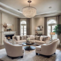 An elegant and sophisticated living room inside a stunningly beautiful home, filled with tasteful decor, plush furnishings, ambient lighting, and a feeling of comfort and luxury.