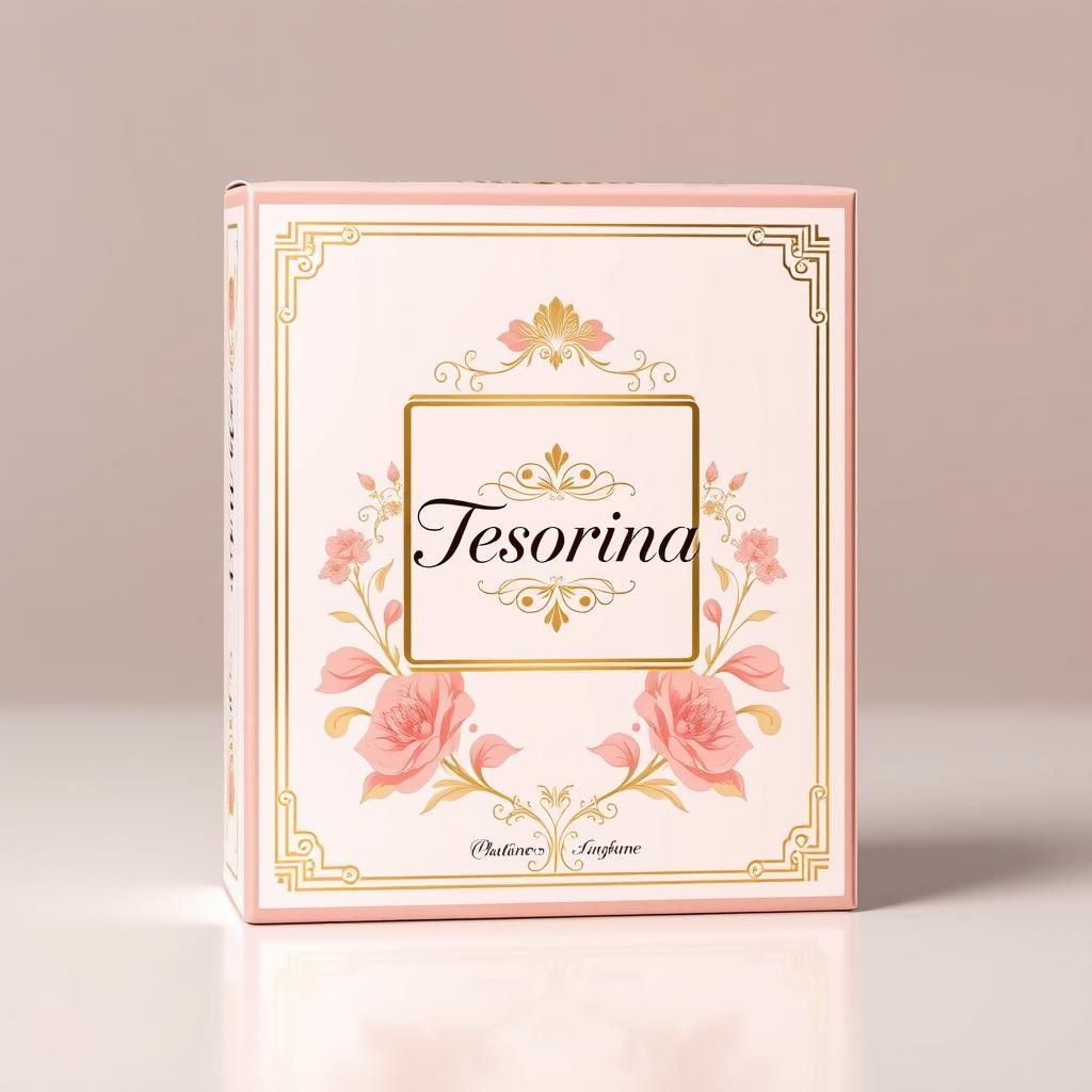 A beautifully designed perfume box featuring an elegant logo representing 'Tesorina'