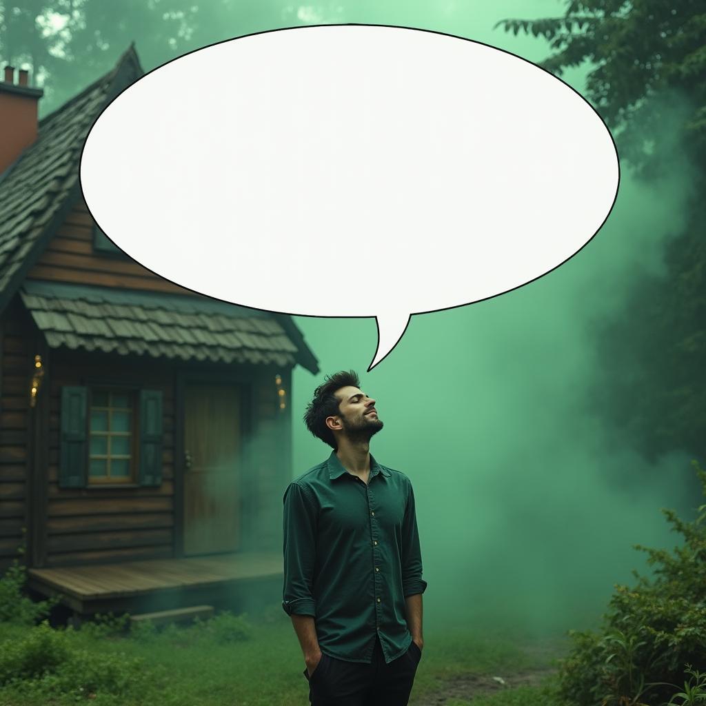 A man standing in front of a charming, cozy house, surrounded by lush greenery and a mysterious green fog swirling around him