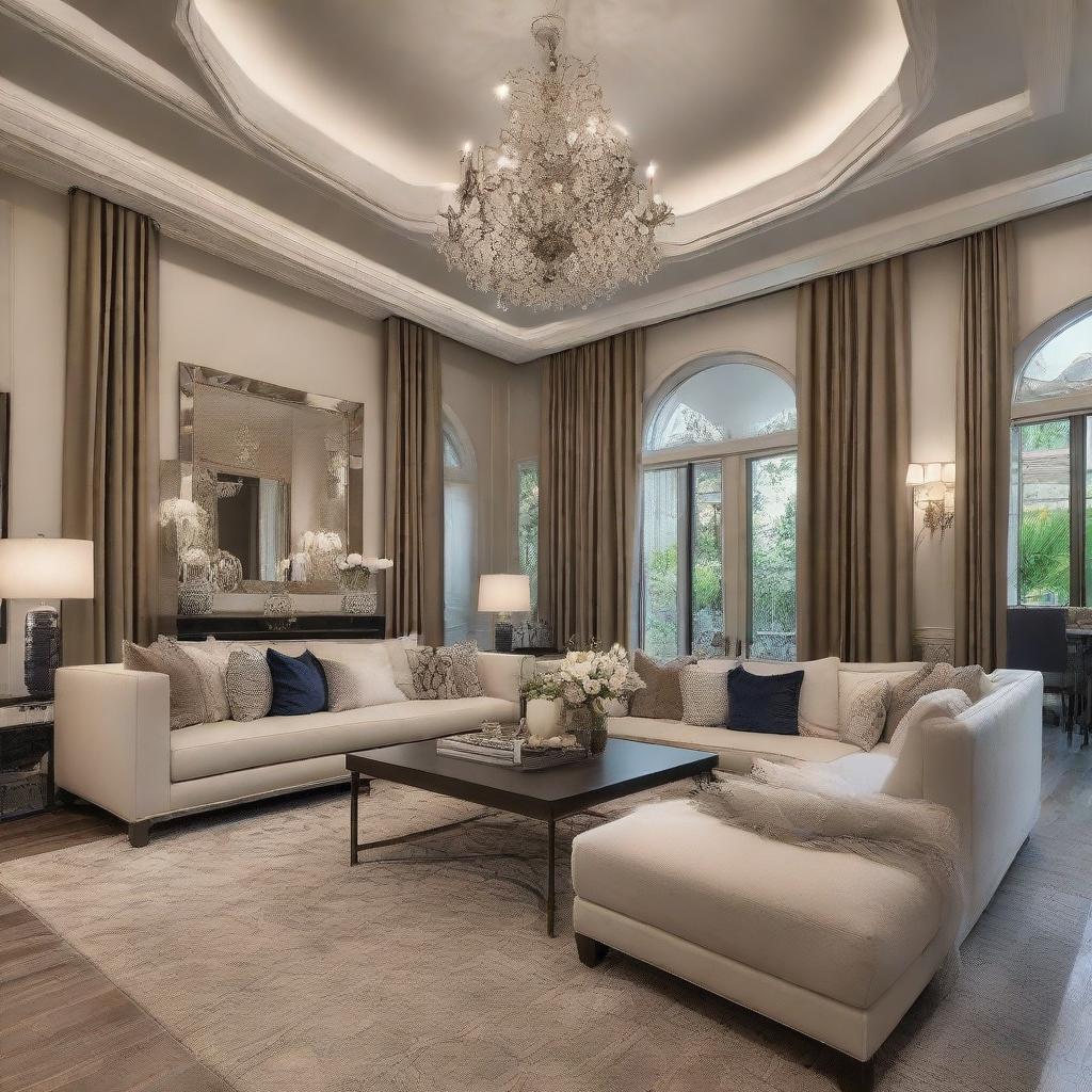 An elegant and sophisticated living room inside a stunningly beautiful home, filled with tasteful decor, plush furnishings, ambient lighting, and a feeling of comfort and luxury.