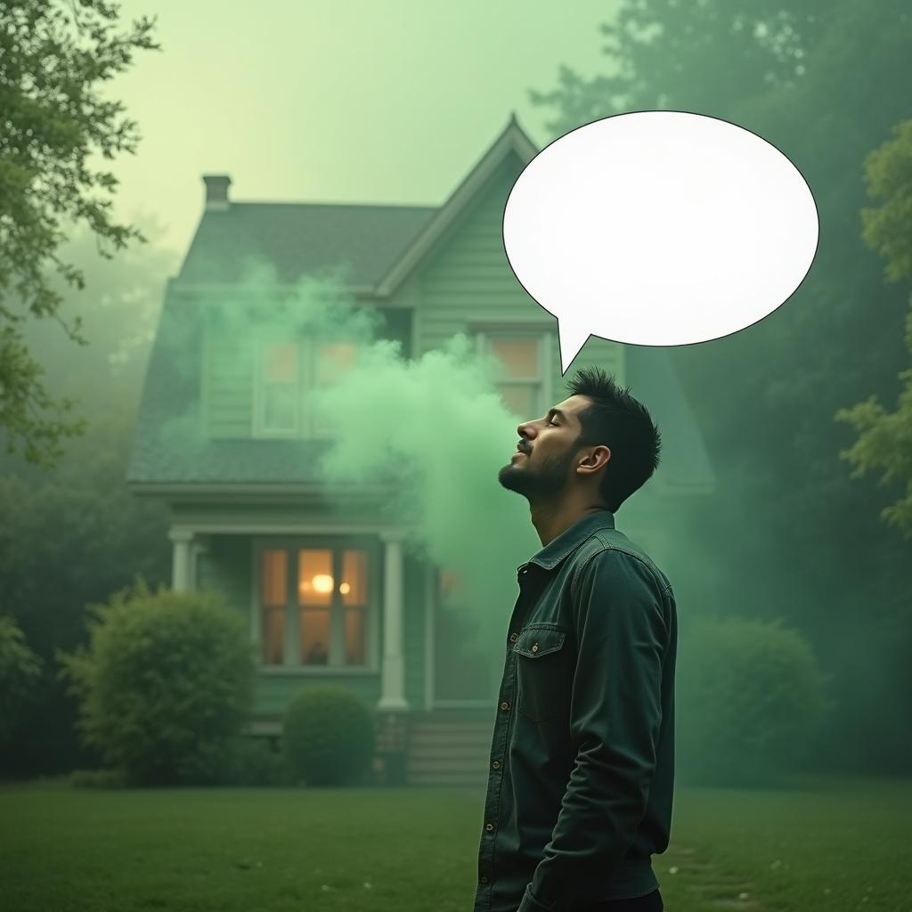 A man standing in front of his house, taking a deep breath of green fog, with his eyes closed in a serene expression