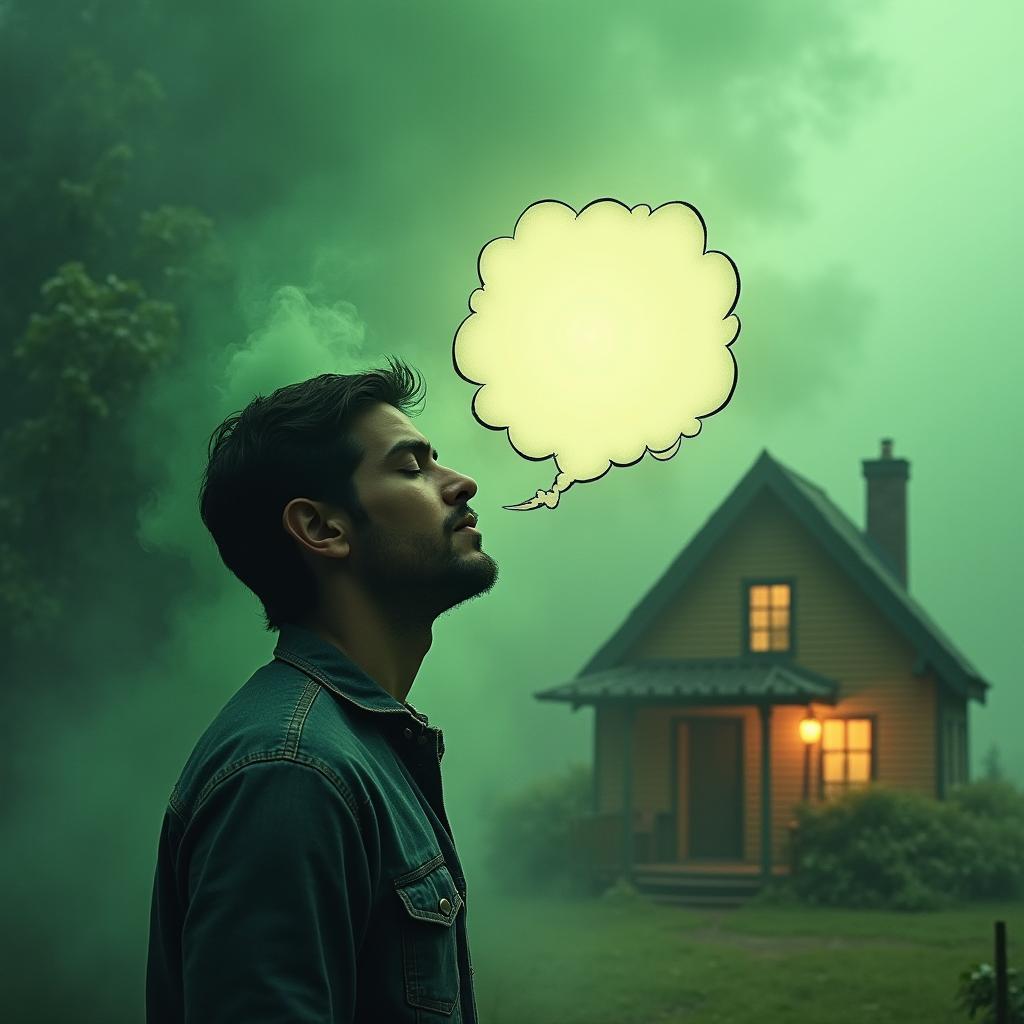 A man standing in front of a quaint house, taking a deep breath with his eyes closed and a serene expression