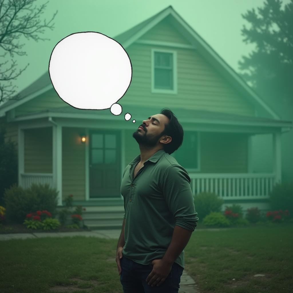 A man standing in front of his cozy house, taking a deep breath and surrounded by a mystical green fog