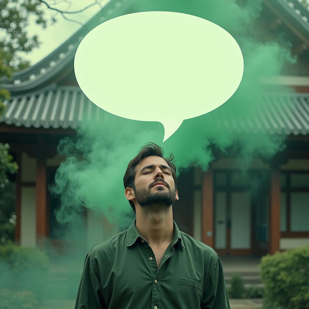 A man standing in front of a house, taking a deep breath of green fog, his eyes closed, with a serious expression on his face