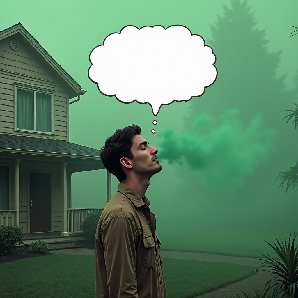 A man standing in front of his house, taking a deep breath of green fog with his eyes closed