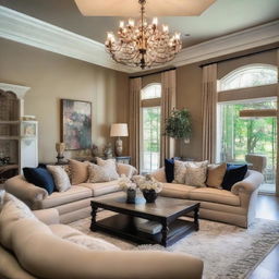 An elegant and sophisticated living room inside a stunningly beautiful home, filled with tasteful decor, plush furnishings, ambient lighting, and a feeling of comfort and luxury.