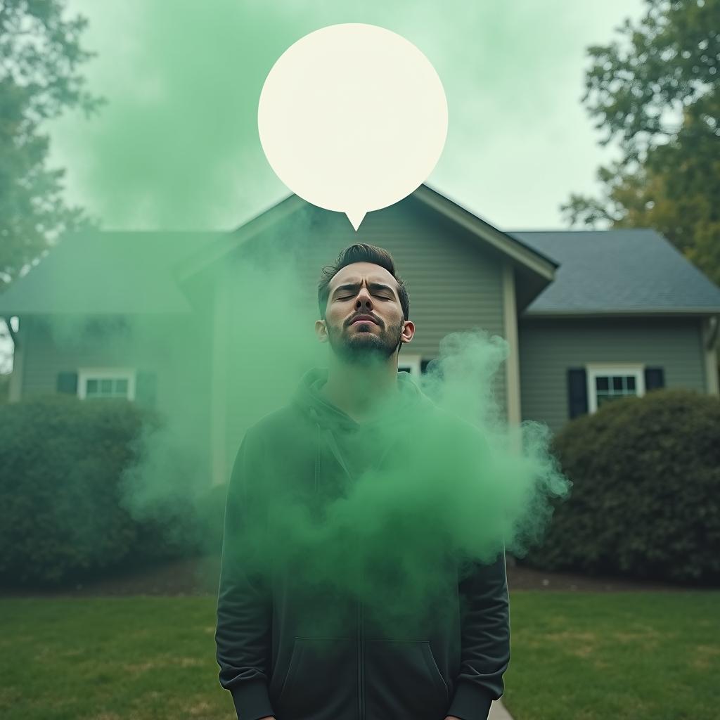 A man standing in front of his house, inhaling a deep breath of green fog with his eyes closed