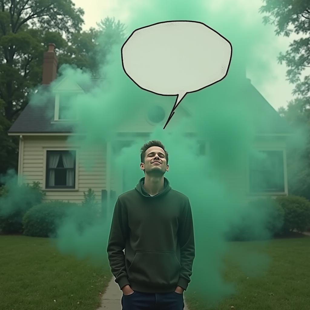 A man standing in front of his charming house, eyes closed and taking a deep breath of swirling green fog