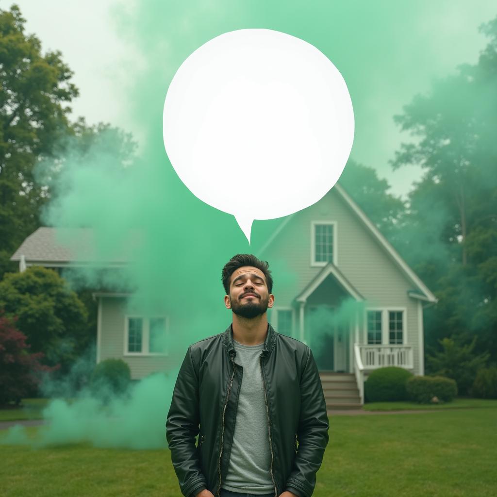 A man standing in front of his beautifully designed house, with closed eyes, taking a deep breath of vibrant green fog that gently swirls around him