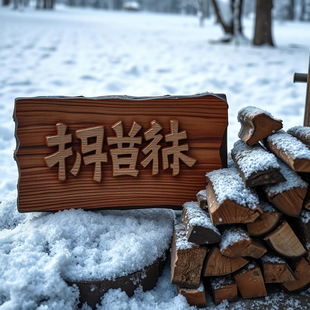 A wooden sign with the name 'شادي' intricately carved on it, positioned next to a stack of firewood