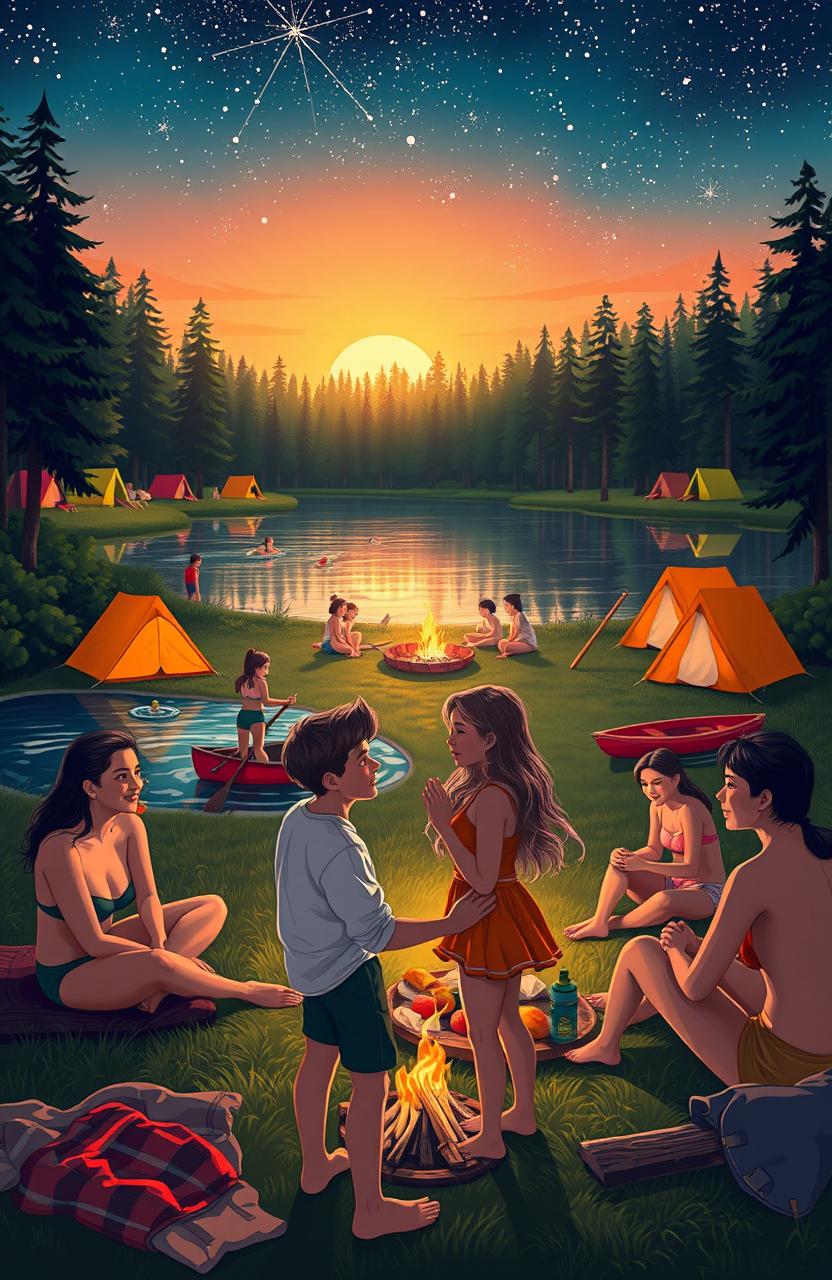 A romantic summer camp scene capturing the essence of young love and adventure, inspired by 'The Summer of Broken Rules' and 'The Summer I Turned Pretty'