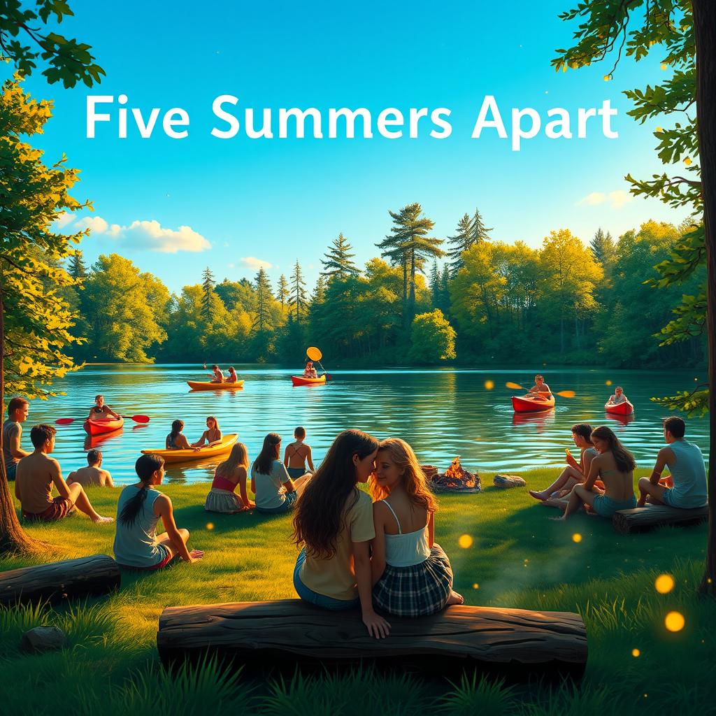 A captivating summer camp scene titled 'Five Summers Apart', inspired by 'The Summer of Broken Rules' and 'The Summer I Turned Pretty'