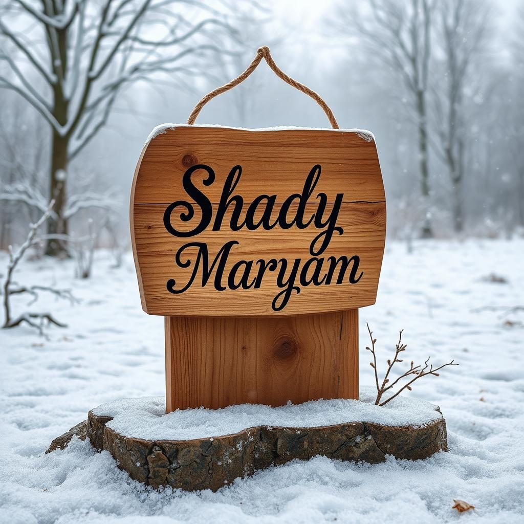A beautifully crafted wooden sign displaying the name 'Shady Maryam' elegantly painted in artistic lettering