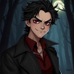 A mischievous vampire character with tousled dark hair and striking red eyes