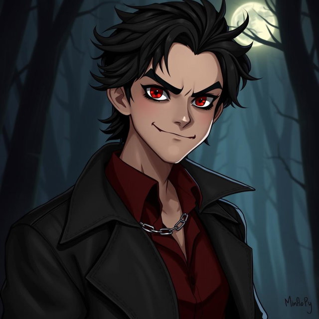 A mischievous vampire character with tousled dark hair and striking red eyes